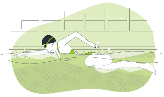 Swimmer in a swimming pool with green background, swimming to the left, with swimming cap and swimming glasses