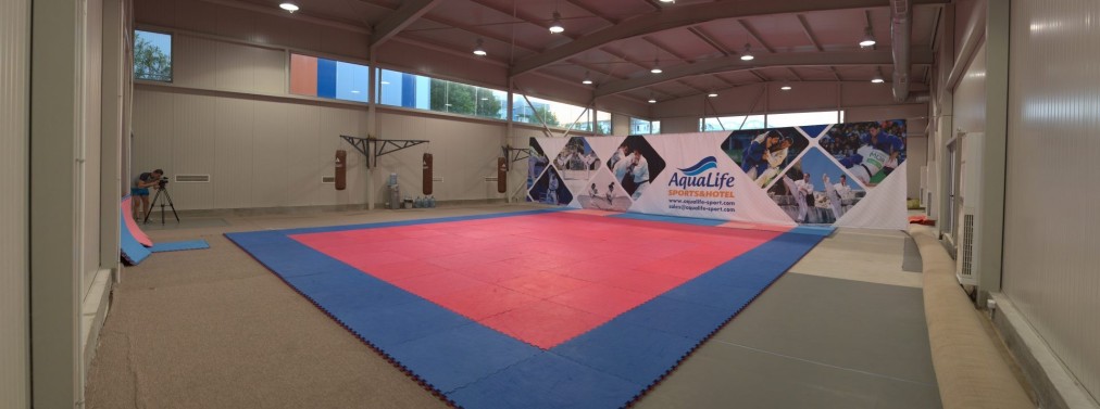 Wide indoor mat area with banners and equipment, arranged for structured training camp drills