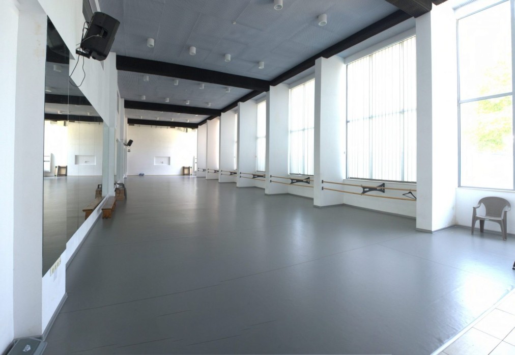 Empty indoor dance or fitness studio with gray floor, mirrors, and large windows for training camp workouts