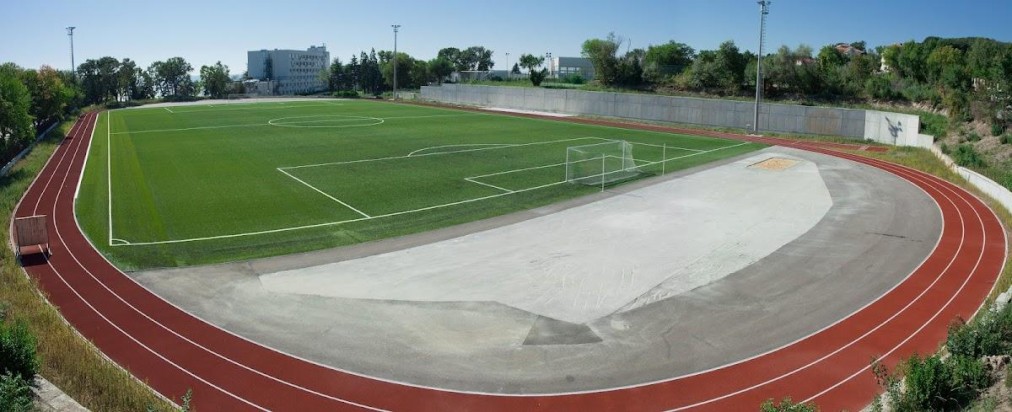 Athletics track and football pitch, aerial view