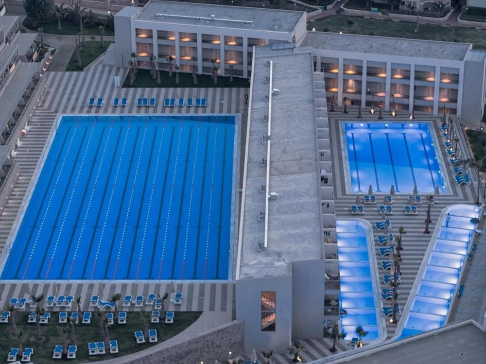 Lane pools at dusk, aerial view