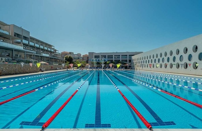 Outdoor lane pool with floodlights