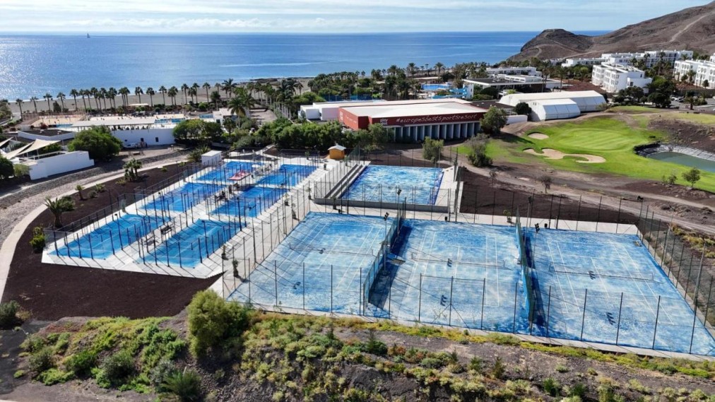 View of seaside sports complex with multiple padel courts