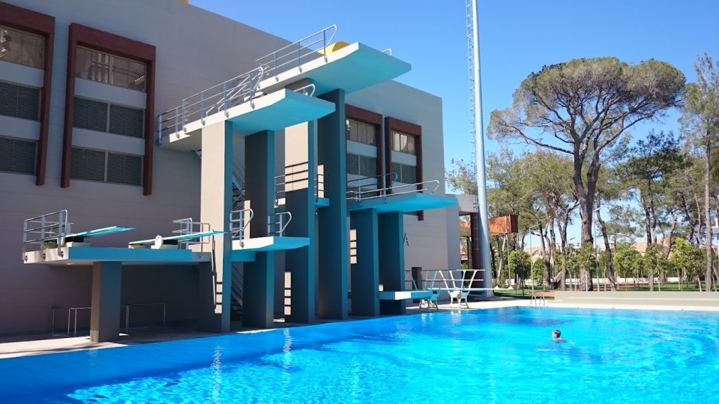 Diving pool with springboards and platforms