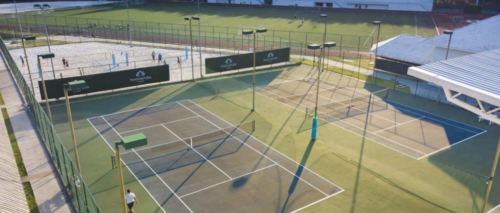 Tennis courts, sand volleyball court, and pitch, overview