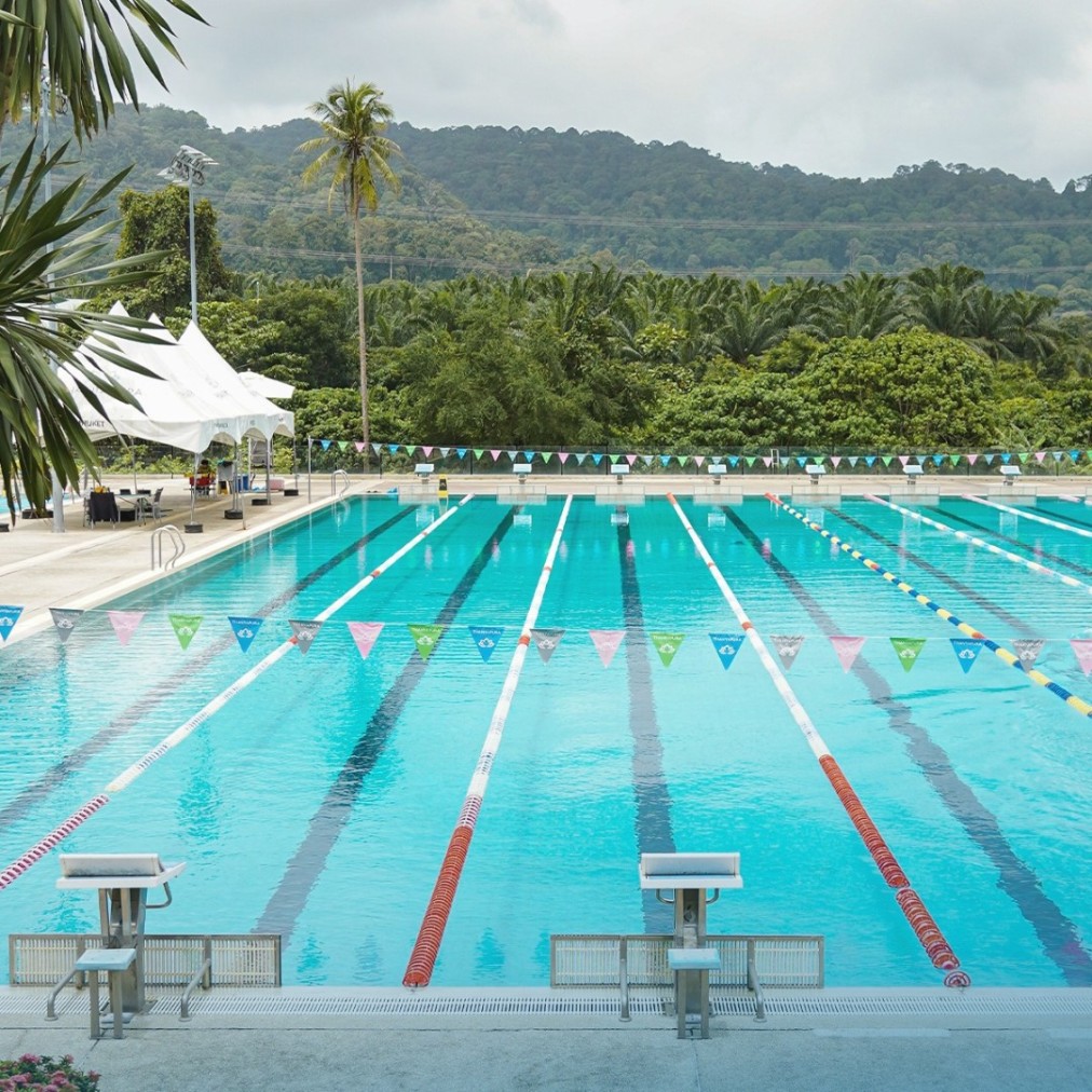 50m pool with lane ropes and starting blocks