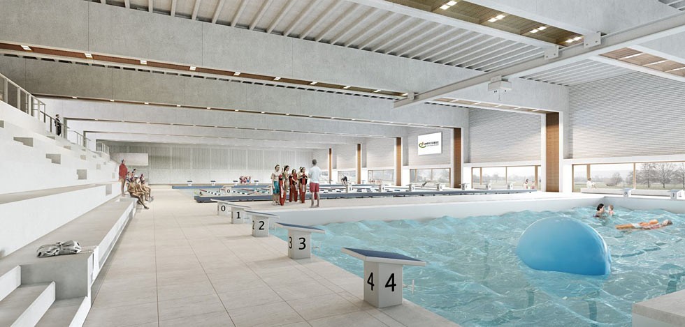 Indoor pool with spectator seating