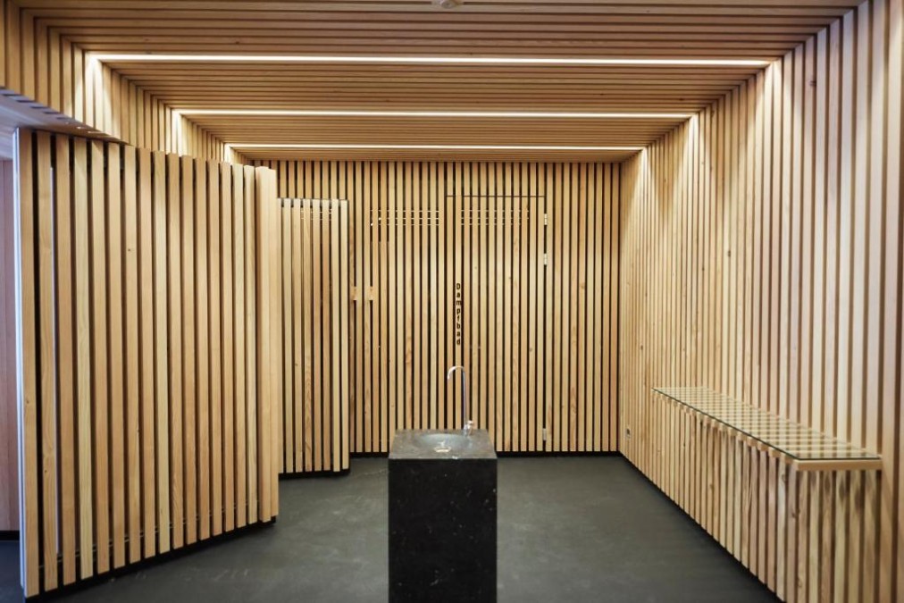 Steam bath area, wood paneling