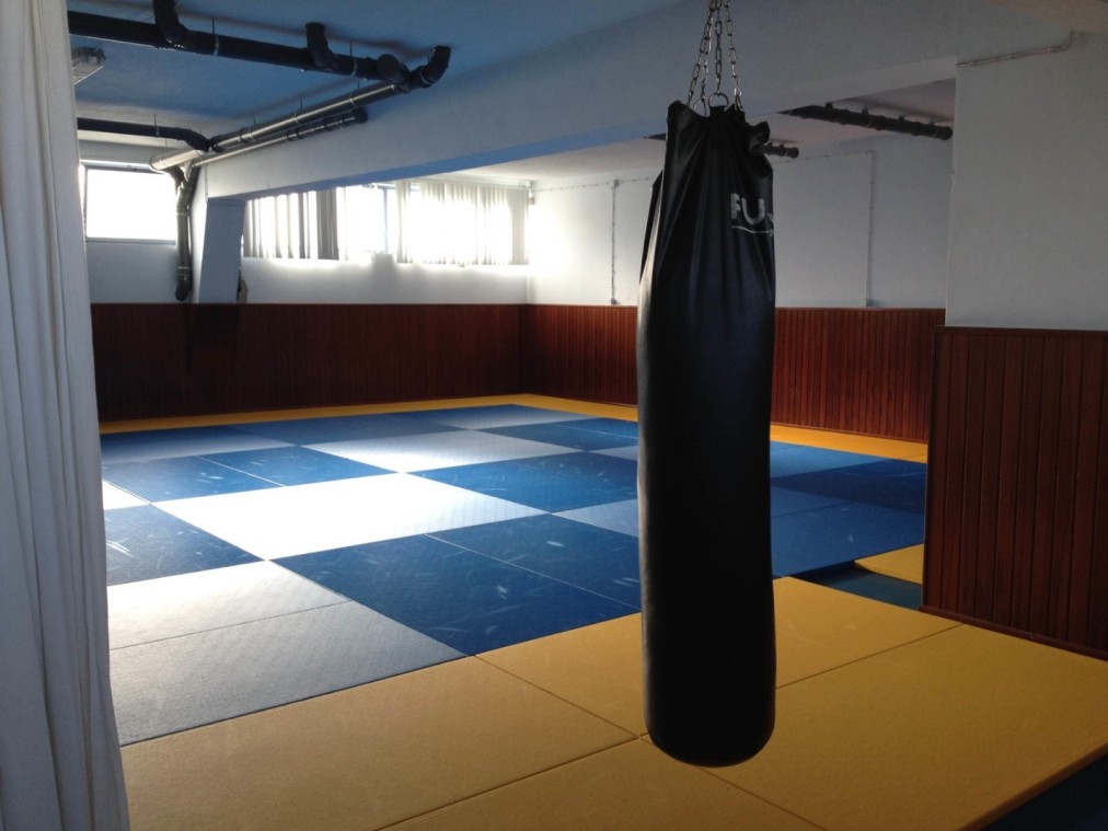 Martial arts room with tatami mats and a hanging punching bag.