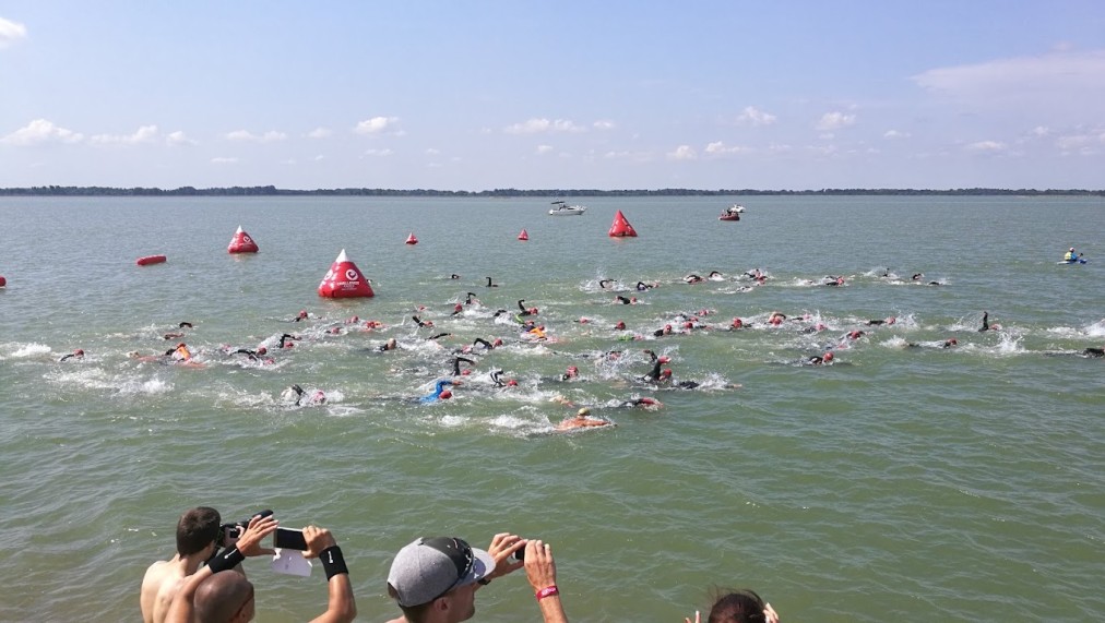 Open-water swim start on the Danube channel