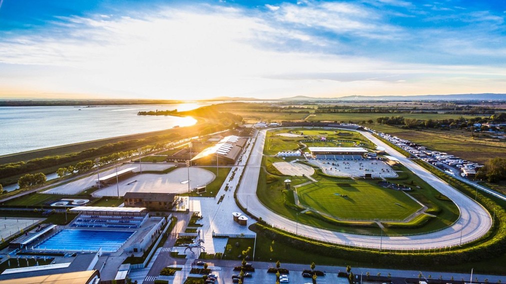 Resort grounds at sunset, aerial view