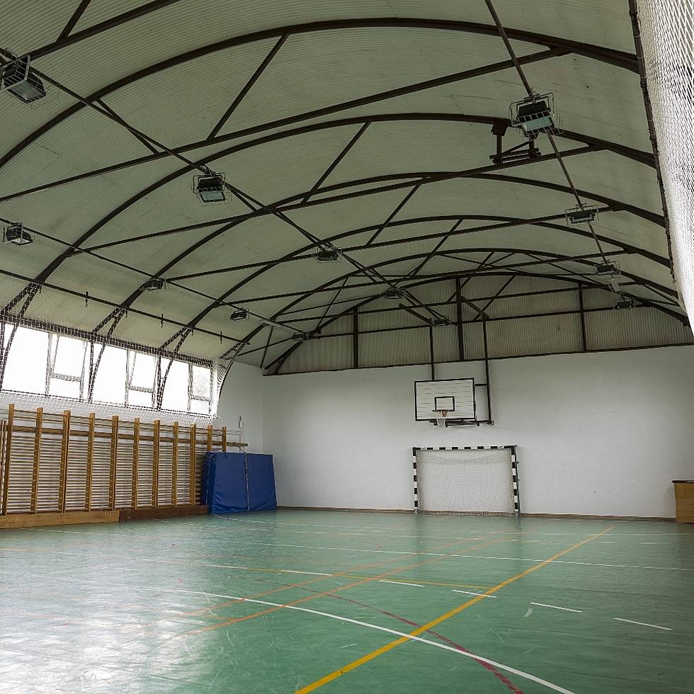 Indoor sports hall with basketball hoop and wall bars