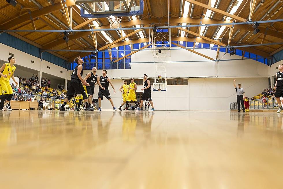 Indoor arena during a basketball match