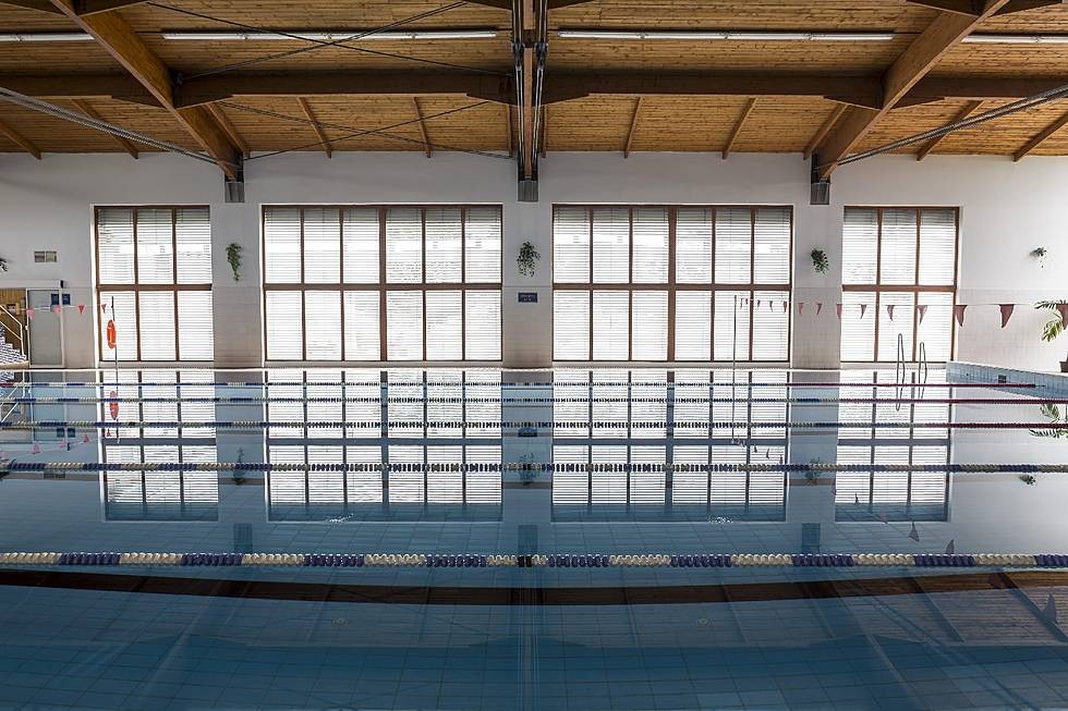 Indoor pool, wide view with lane ropes