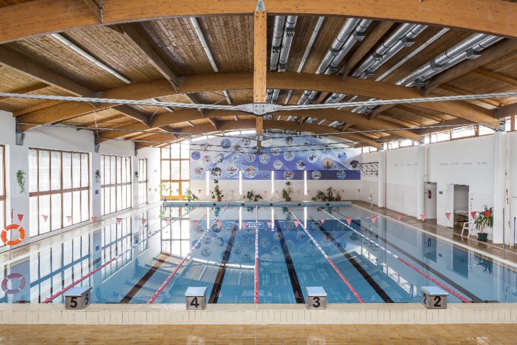 Indoor pool, wide view with mural wall