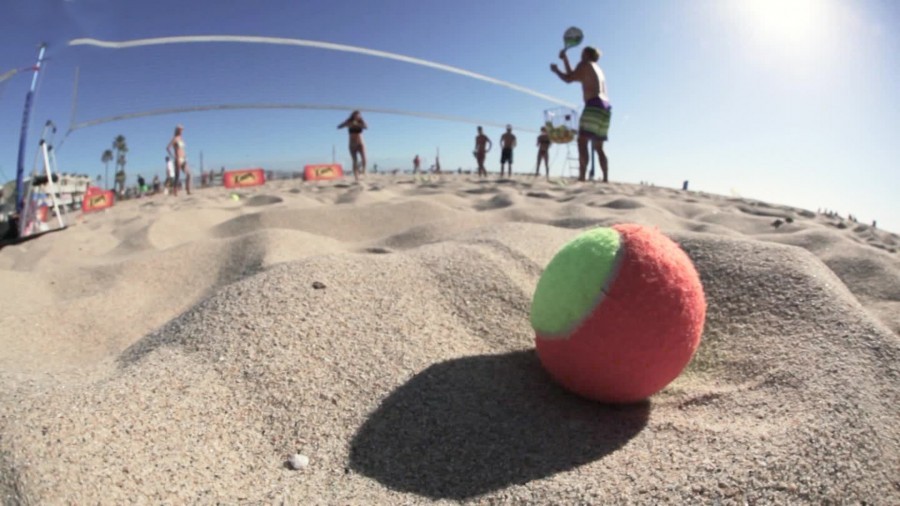Beach volleyball court, ball close-up