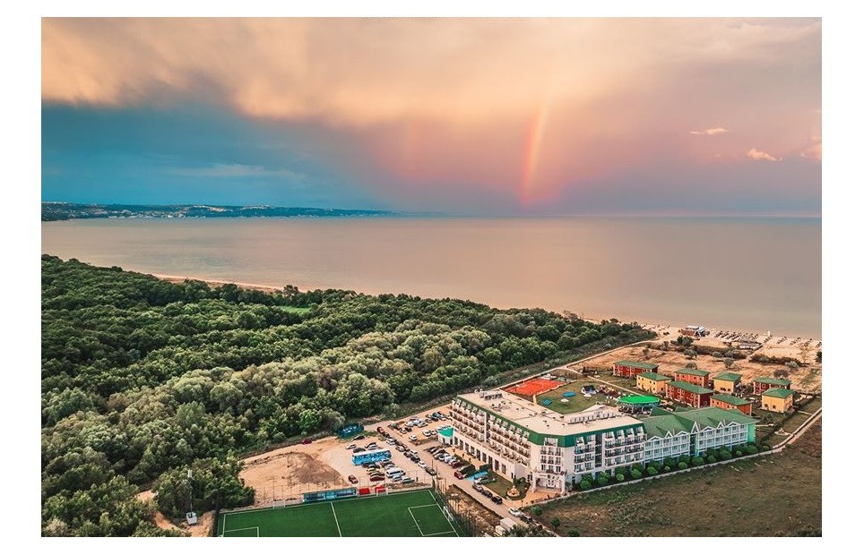 Resort overview at dusk, aerial view