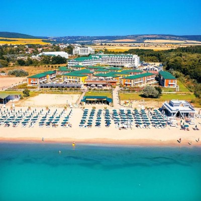 Aerial view of the Eco Therma Village beach resort complex on the Black Sea coast
