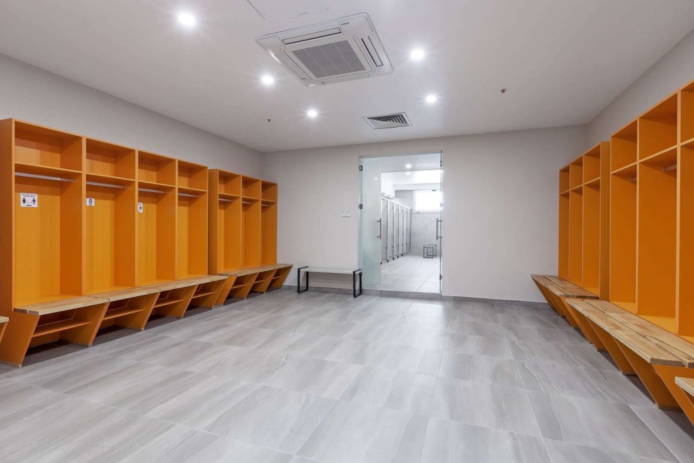 Locker room with cubbies and benches