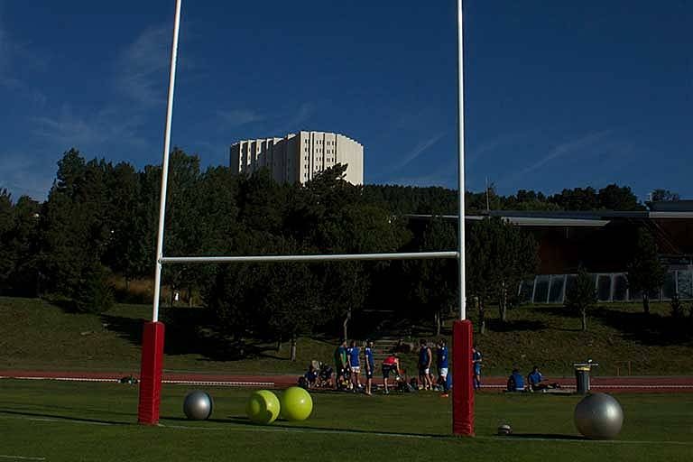 Rugby posts on the outdoor training pitch