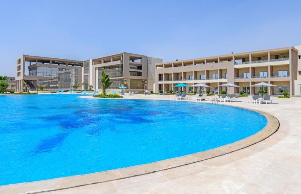 Pool deck and sun lounger area