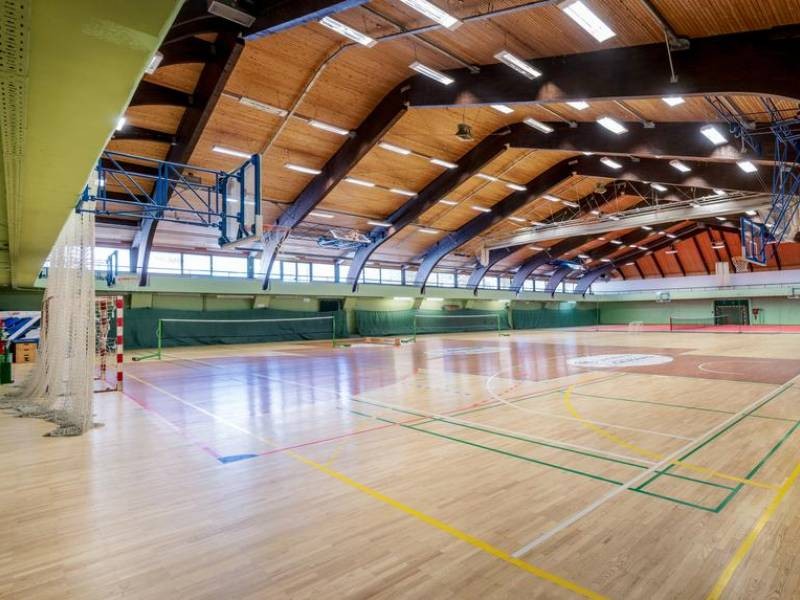 Indoor multi-purpose court with basketball hoops, handball goal, and boundary markings.