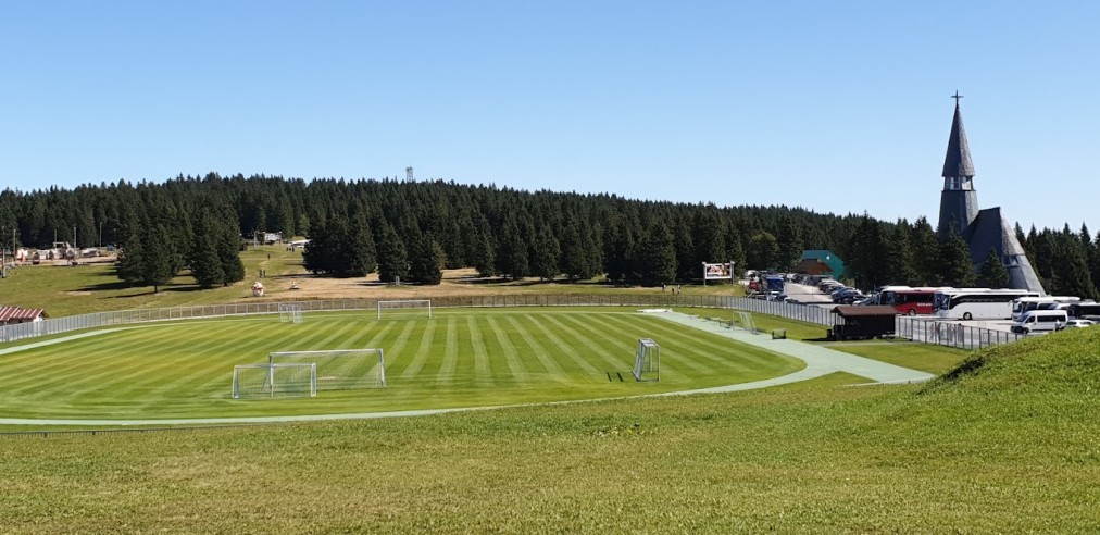 Outdoor football field with training goals and track beside parking and forest.