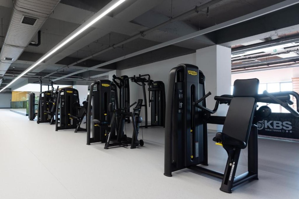 Strength-training machines in a bright indoor gym area.