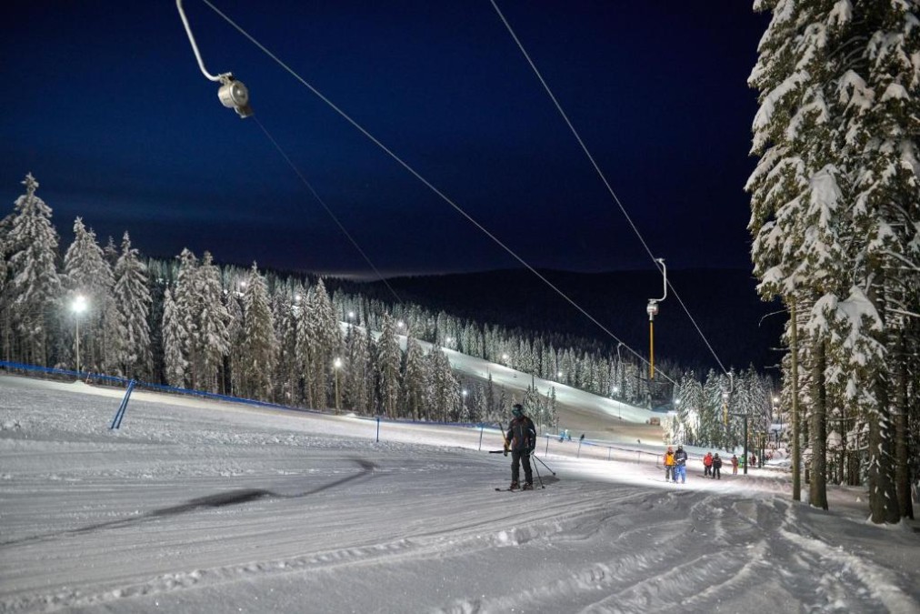 Night skiing area with illuminated slope, lift line and snow-covered trees.