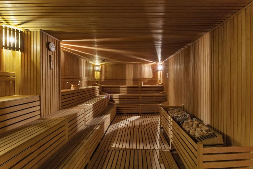 Wood-lined sauna with tiered benches and heater stones.