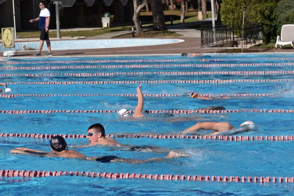 Athletes swim laps in an outdoor training pool while a coach walks along the deck.