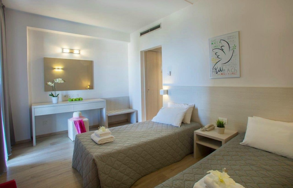 Bright twin bedroom with minimalist furniture, mirror, and decorative plants