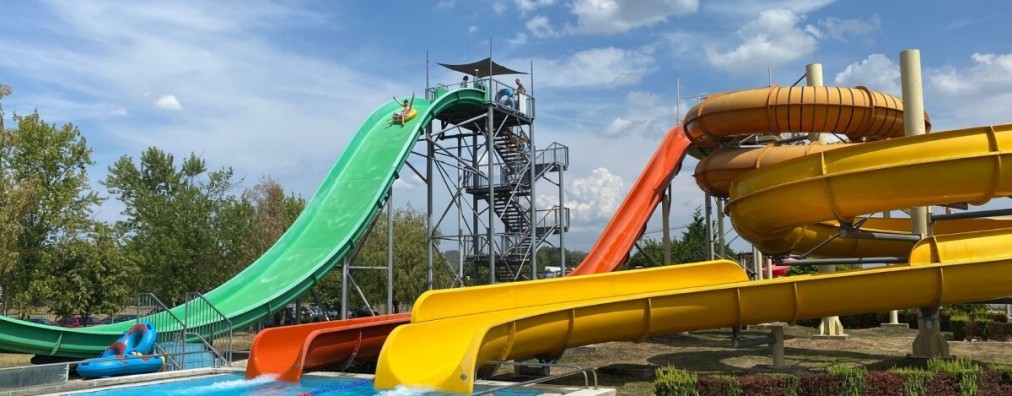 Water park slides at the adjoining bath complex
