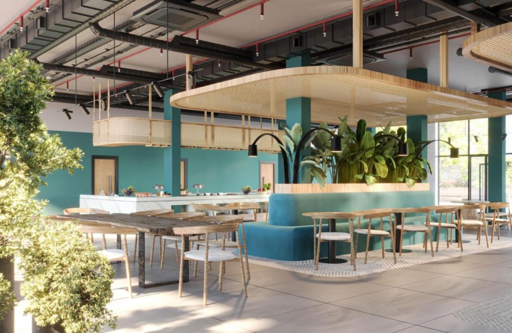 Modern dining area with turquoise walls, wooden tables, and indoor plants