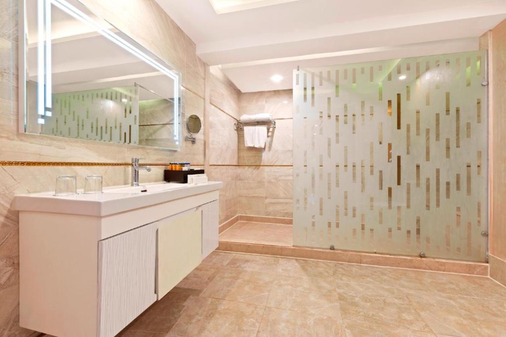 Modern hotel bathroom with large mirror, sink, and glass-enclosed shower with frosted design