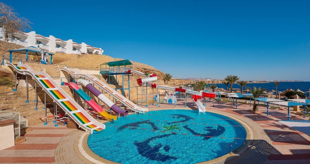 Outdoor water park area with colorful slides leading into a round pool featuring dolphin mosaic