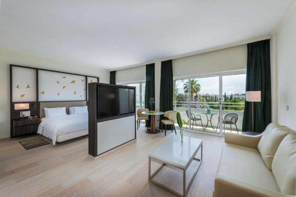 Suite with sleeping area, sofa lounge, TV divider and balcony.