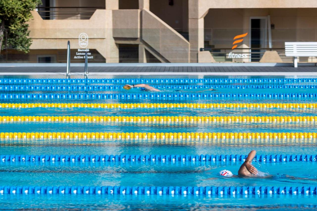 Nageurs s'entraînant dans une piscine olympique extérieure avec séparateurs de couloirs.