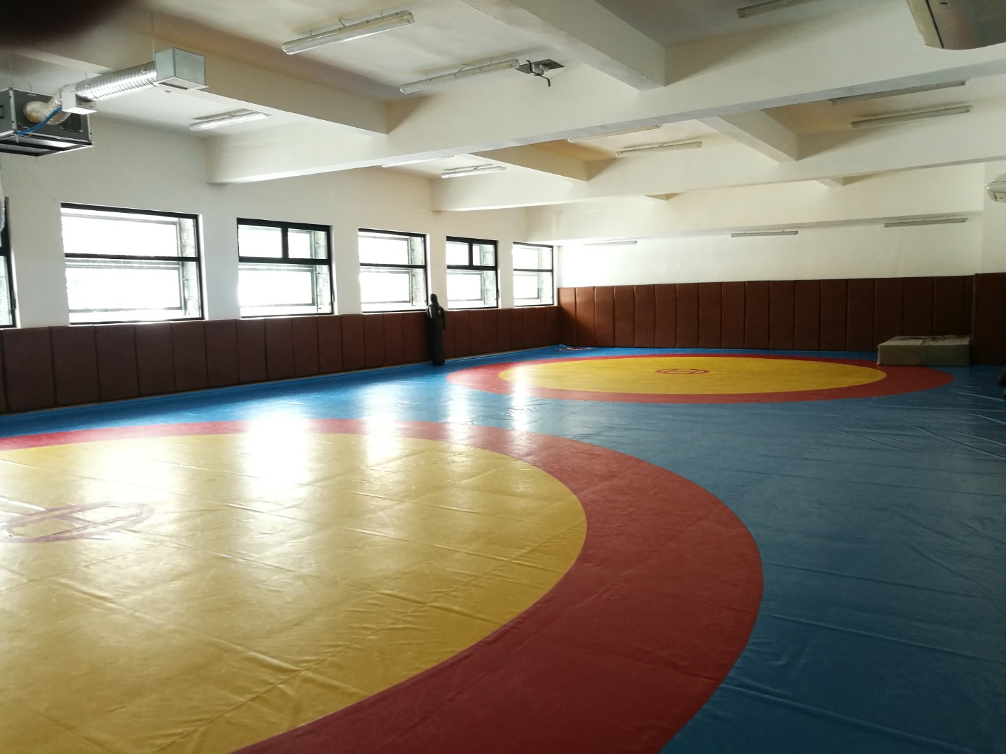 Salle de lutte avec tapis circulaires rouge et jaune, prête pour les entraînements de grappling en stage