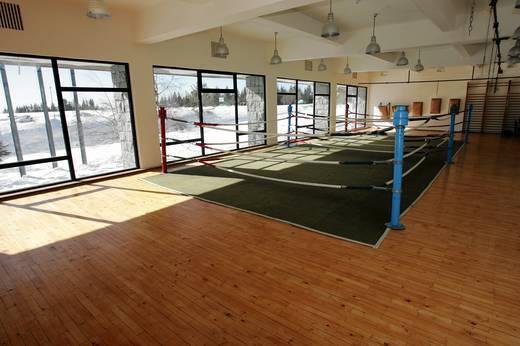 Zone d'entraînement de boxe ou de combat intérieure avec cordes de ring et sol rembourré, utilisée pour les entraînements en stage