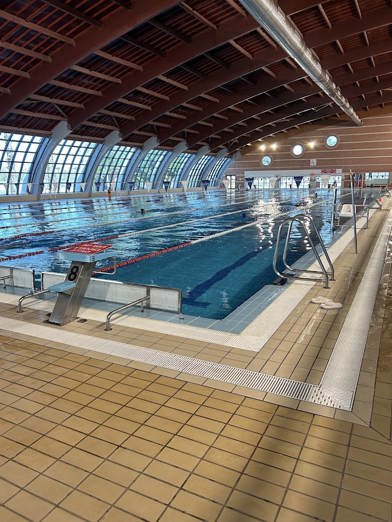 Hallenbad mit Bahnmarkierungen, Startblock 8 und gebogener Fensterfront.