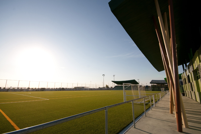 Kunstrasen-Fußballplatz vom Seitenweg aus, mit überdachter Tribüne und Torrahmen im warmen tiefen Sonnenlicht.