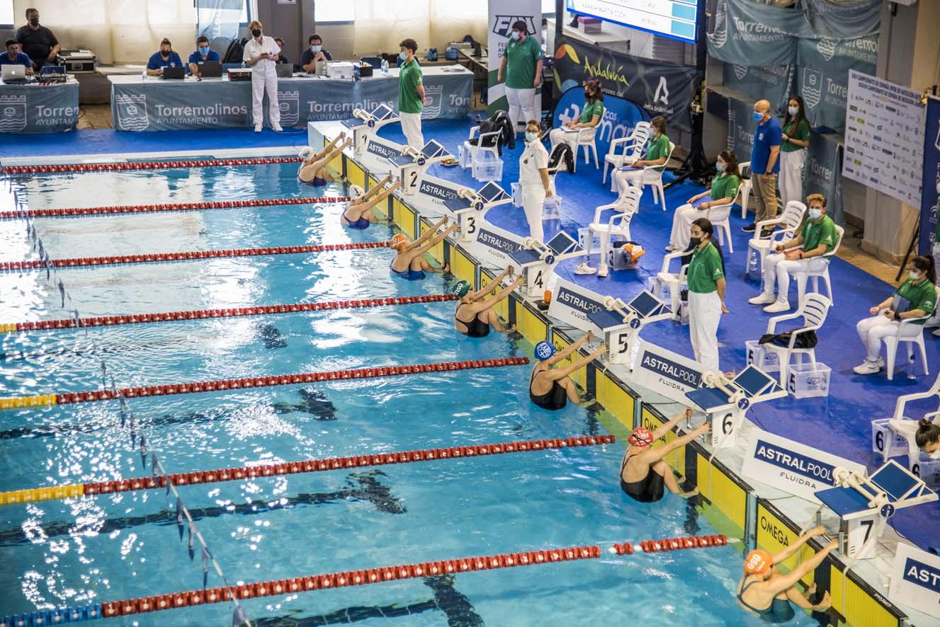Schwimmer am Startblock bei einem Hallenwettkampf mit Offiziellen am Beckenrand.