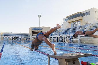 Athletes dive into an outdoor lane pool beside starting blocks and grandstand seating.