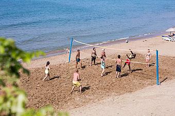 Group of people playing beach volleyball on sandy shore by the sea