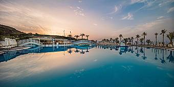 Outdoor infinity pool with bridges, palm trees, and sunset view