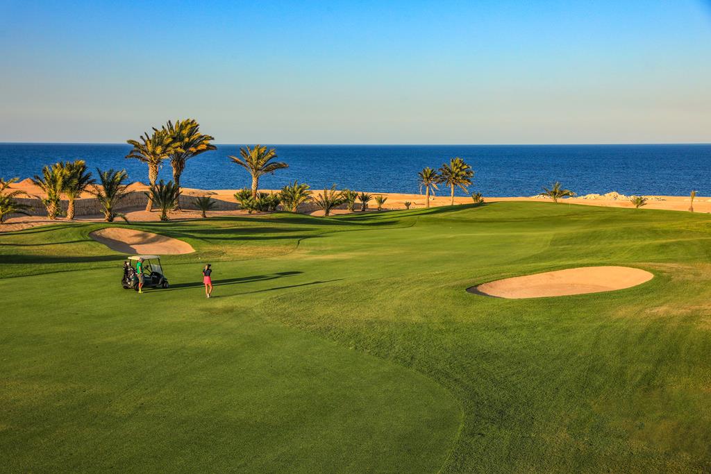 Golfer schlägt einen Ball nahe einem Cart auf einem Küsten-Fairway, Palmen und Sandbunker am Meer