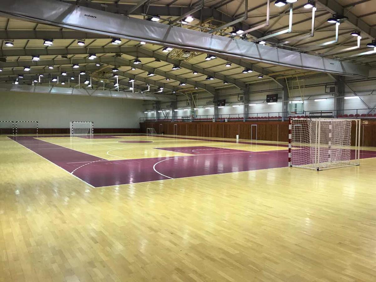 Indoor-Sporthalle mit Mehrzweck-Linierungen und Handballtoren unter hoher Hallendecke.