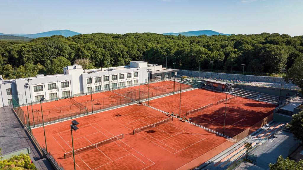 Luftaufnahme einer großen Sandplatz-Tennisanlage neben dem Hotel, umgeben von Waldlandschaft.