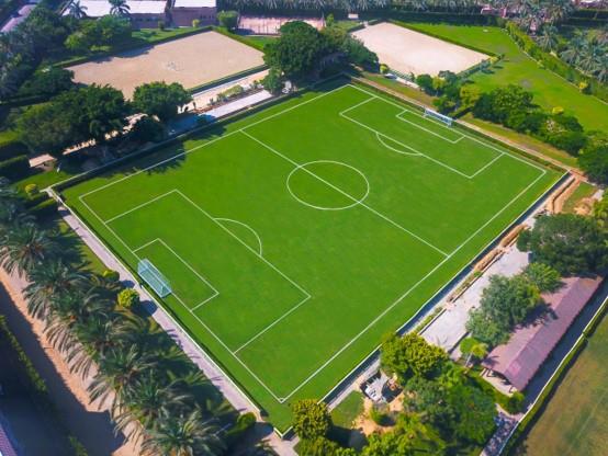 Aerial view of an artificial-turf football pitch with marked lines and surrounding greenery.